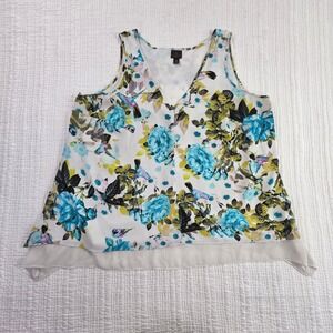 Worthington Woman Floral Hummingbird V-Neck Sharkbite Hem Sleeveless Blouse 1X